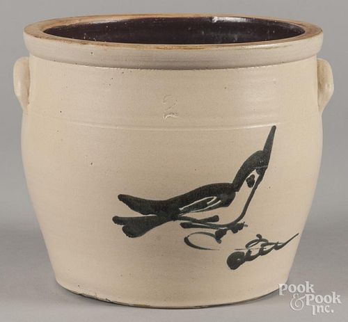 Two-gallon stoneware crock, 19th c., with cobalt bird decoration, 8 1/2'' h.
