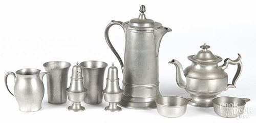 Nine pieces of pewter by Woodbury, tallest - 11''.