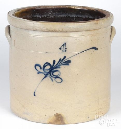Four-gallon stoneware crock, 19th c., with cobalt floral decoration, 11'' h.