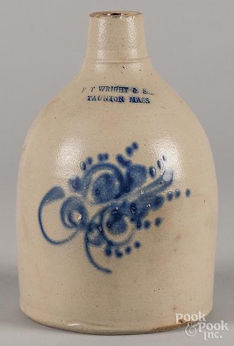 Stoneware jug, 19th c., impressed FT Wright & Son Taunton Mass., with cobalt floral decoration