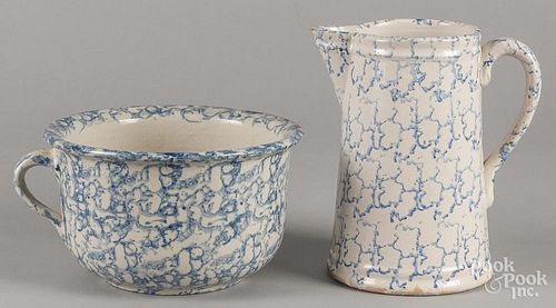 Blue spongeware, late 19th c., to include a pitcher, 9'' h., and a chamberpot, 5 1/4'' h.