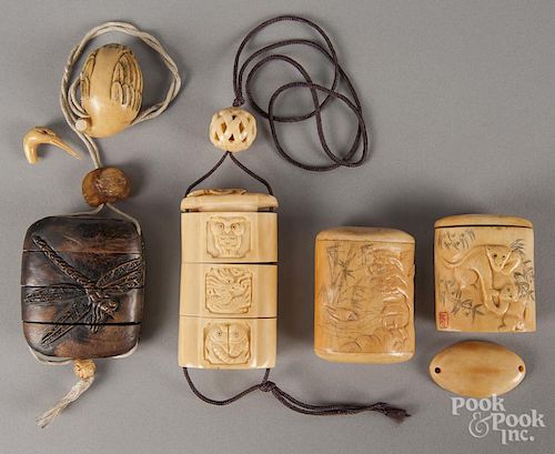 Four Japanese carved ivory inri, one with a goose netsuke.