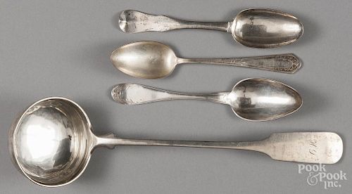 Continental silver ladle, together with three serving spoons, 11.6 ozt.