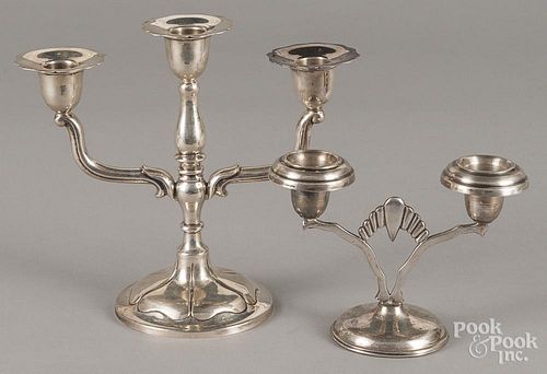 Two Mexican sterling silver candelabra, 8 1/4'' h. and 5'' h., 28.8 ozt.
