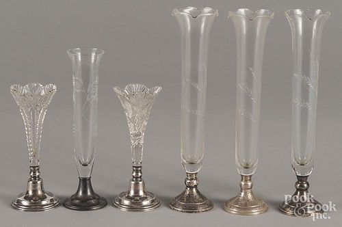 Six sterling silver mounted glass vases, tallest - 10 3/4''.