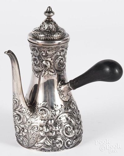 Repousse sterling silver chocolate pot, retailed by J. E. Caldwell, 7 3/4'' h.