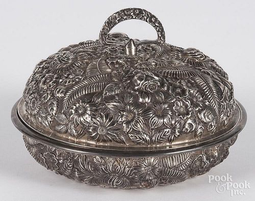 Stieff repousse sterling silver covered entrée dish, 5 1/4'' h., 8'' w., 23.2 ozt.