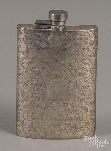 Highly engraved sterling silver flask, 5 7/8'' h., 8.7 ozt.