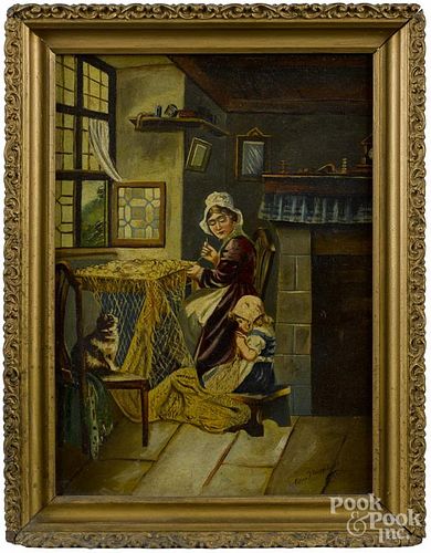 Oil on canvas interior of a woman and child sewing, signed Alice Weisenborn 1902, 17'' x 12''.