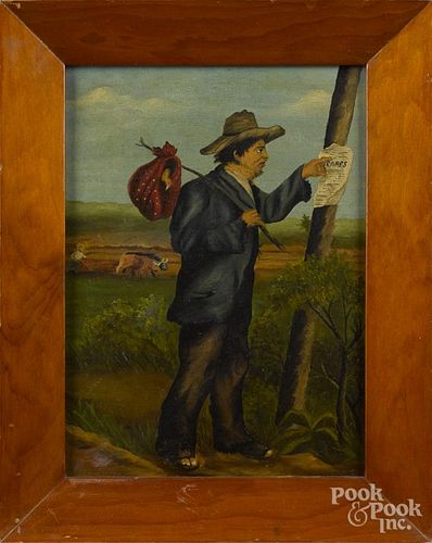 Primitive oil on canvas of a hobo, late 19th c., 15'' x 11''.