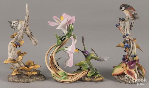 Three Boehm porcelain figural groups, to include a Chestnut Backed Chickadee, 9 1/2'' h.
