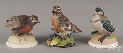 Three Boehm porcelain birds, to include a Fledgling Robin, a Baby Robin, and a Baby Blue Jay