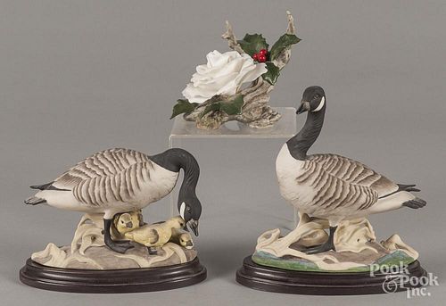 Three Boehm porcelain figural groups, to include a Canadian goose with a porcelain stand