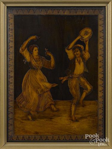 Italian marquetry plaque of two figures dancing, dated 1910, 17 1/4'' x 12 3/4''.