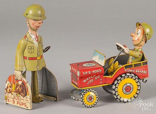 Two Unique Art tin litho wind-up toys, to include G. I. Joe and the K-9 Pups, 9'' h.