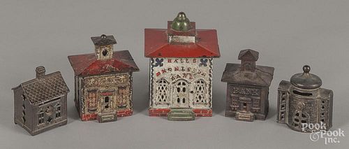 Five cast iron building banks, to include a Hall's Excelsior mechanical bank, 5 1/4'' h.