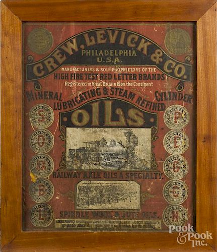 Framed advertisement for Crew, Levick, & Co. Oils, 20'' x 16 1/2''.