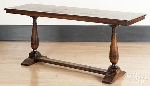 Jacobean style oak trestle table, 30'' h., 72'' w., 23 1/2'' d.