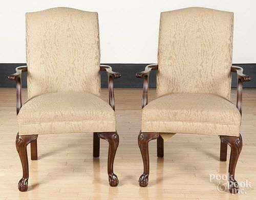 Pair of Ethan Allen Chippendale style mahogany open armchairs.