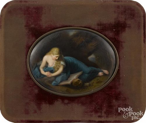 Painted porcelain plaque of a young maiden, late 19th c., 5'' x 6 3/4''.