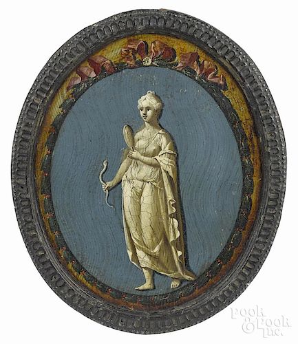 Oil on board plaque of Prudentia, 19th c., depicting an allegorical personification of Prudence