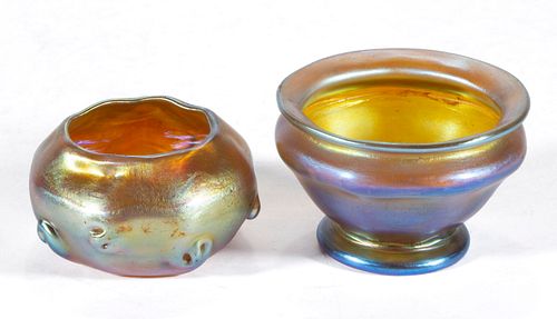 TIFFANY FAVRILE IRIDESCENT ART GLASS OPEN SALTS, LOT OF TWO,