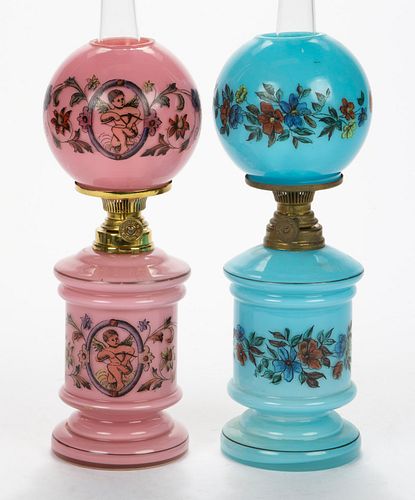 VICTORIAN DECORATED MINIATURE LAMPS, LOT OF TWO,