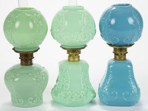 ASSORTED PATTERN OPAQUE GLASS MINIATURE LAMPS, LOT OF THREE,