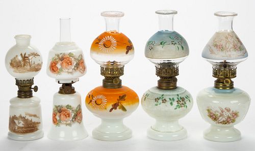 ASSORTED PATTERN DECORATED OPAQUE GLASS MINIATURE LAMPS, LOT OF FIVE,