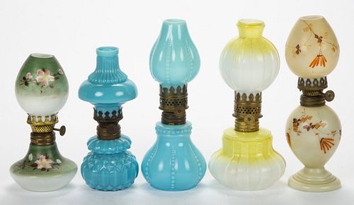 ASSORTED PATTERN OPAQUE GLASS MINIATURE LAMPS, LOT OF FIVE,