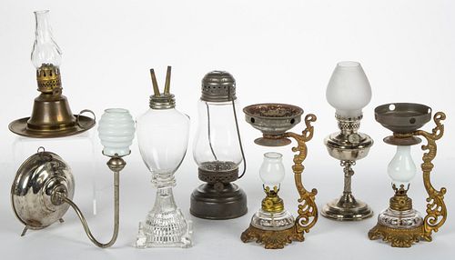 ASSORTED GLASS AND METAL LIGHTING ARTICLES, LOT OF SEVEN,