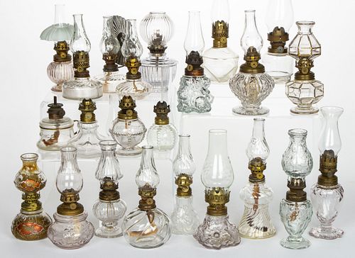 ASSORTED PATTERN GLASS MINIATURE LAMPS, LOT OF 23,