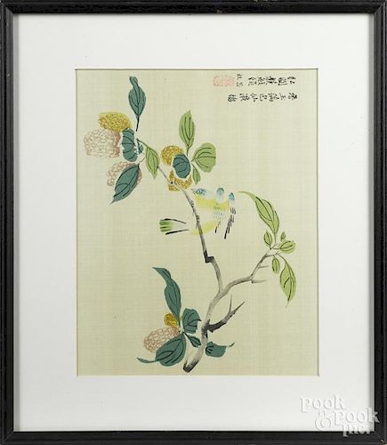 Four Oriental watercolor on silk works, 9'' x 11 1/2''.