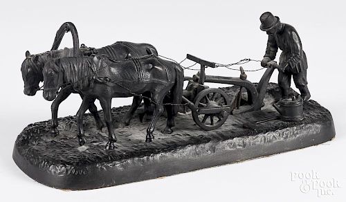 Russian Kasli cast iron sculptural group of a farmer and horse-drawn plow, marked on base and dated