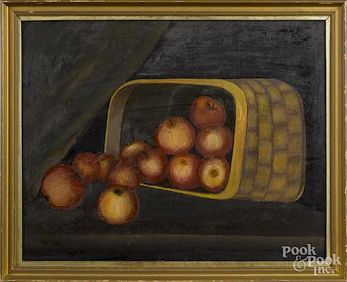 Primitive oil on canvas still life, ca. 1900, with peaches, initialed WDW, 16'' x 20''.