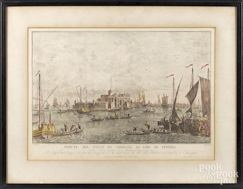 After F. Tironi, pair of Italian color lithograph harbor scenes, 14'' x 22''.