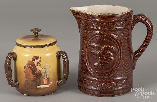 Bennington, Vermont style stoneware pitcher with brown glaze and eagle and rope decoration