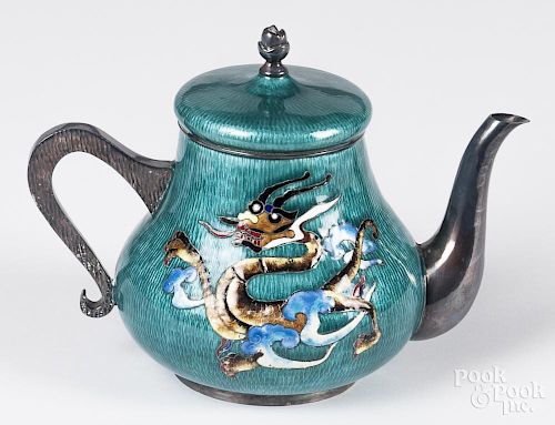 Korean white metal and enamel dragon teapot, 20th c., 6 1/2'' h.