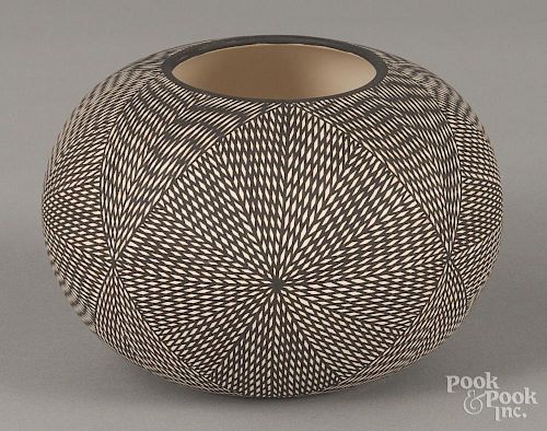 Acoma Pueblo pottery vase, 20th c., by M. Sanchez, 4 1/2'' h., 6 1/2'' dia.