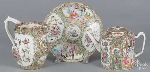 Chinese export porcelain teapot, pitcher, and plate, 19th c.