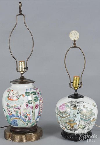 Two Chinese export porcelain table lamps, 7'' h. and 8 1/2'' h.