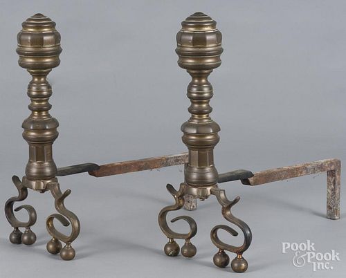 Pair of Federal brass andirons, 19th c., 18'' h.