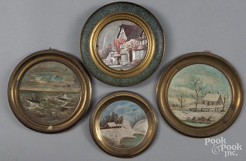 Seven painted copper flue covers, ca. 1900, with landscape decoration, 8'' - 12'' dia.