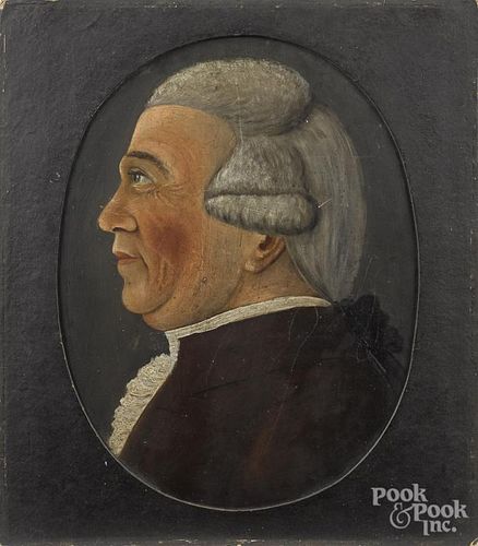 Oil on board profile portrait of a gentleman, early 19th c., 11 1/2'' x 8 3/4''.