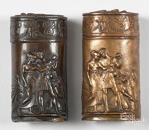 Two embossed courting scene match vesta safes, both having a scene of a gentleman holding grapes