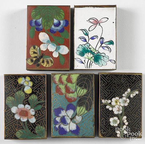 Five cloisonné match safes with floral decoration, 2 3/8'' h.