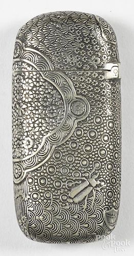 Gorham silver-plated match vesta safe with floral and beetle decoration, 2 5/8'' h.