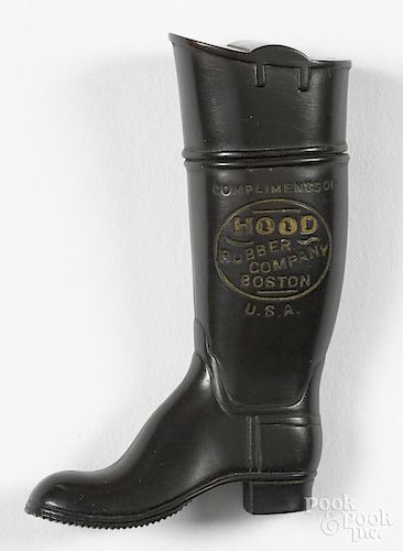 Gutta percha figural advertising boot match vesta safe, inscribed Compliments of Hood Rubber
