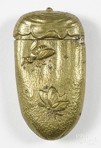 Embossed brass figural match vesta safe with bee and moth decoration, 2 5/8'' h.