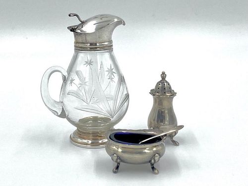 Sheffield Silver Salt and Pepper and Sterling Syrup Jug